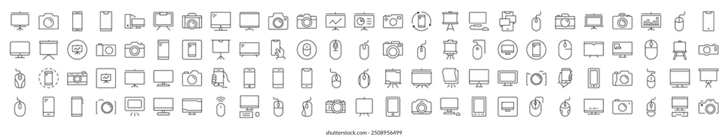 Devices Line Icon Collection. Modern Collection for Design, Web Sites, Apps, Cards. Contains Linear Images of Phone, Photo Camera, Computer Mouse and PC