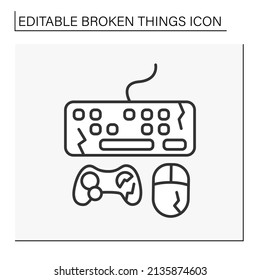 Devices Line Icon. Destroyed Electronic Devices. Smashed Keyboard, Joystick, And Computer Mouse. Vandalism, Chaos. Broken Things Concept. Isolated Vector Illustration. Editable Stroke