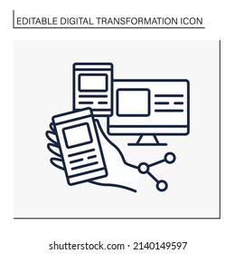 Icono de línea de dispositivos. Accesibilidad de información en diferentes equipos. Tecnologías inteligentes modernas. Concepto de transformación digital.Ilustración vectorial aislada.Icono editable