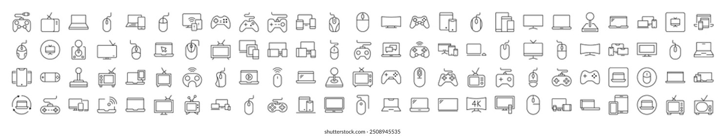 Paquete de iconos de línea de dispositivos. Colección moderna para el diseño, Sitios web, App, tarjetas. Contiene Imágenes lineales de ordenador, ratón, joystick, TV