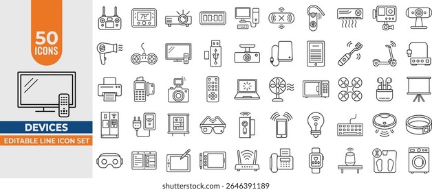 Pacote de Ícones de Linha de Dispositivos - Ilustrações de Vetor para Gadgets de Tecnologia, Aparelhos, Drones, Computadores, Eletrodomésticos, Tablets, Câmera, Telefones, projetor, Laptop e Mais