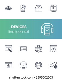 Devices line icon set. Set of line icons on white background. Globe, internet, gadget. Technology concept. Vector illustration can be used for topics like connection, progress
