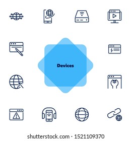 Devices line icon set. Set of line icons on white background. Globe, internet, gadget. Technology concept. Vector illustration can be used for topics like connection, progress