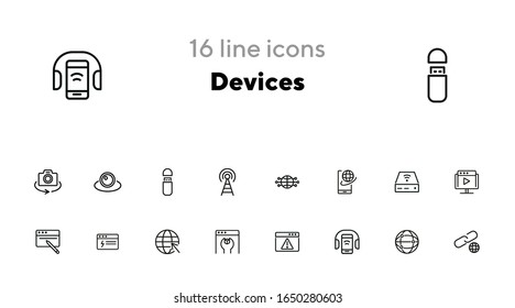 Das Symbol der Produktlinie wird gesetzt. Satz von Zeilensymbols auf weißem Hintergrund. Globe, Internet, Gadget. Technologiekonzept. Vektorillustration-Illustration kann für Themen wie Verbindung, Fortschritt verwendet werden