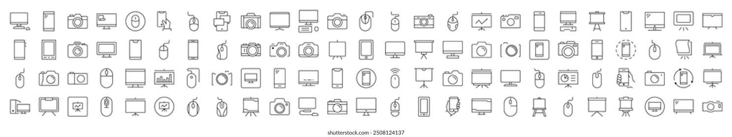 Devices Line Icon Set. Modern Collection for Design, Web Sites, Apps, Cards. Contains Linear Images of Phone, Photo Camera, Computer Mouse and PC