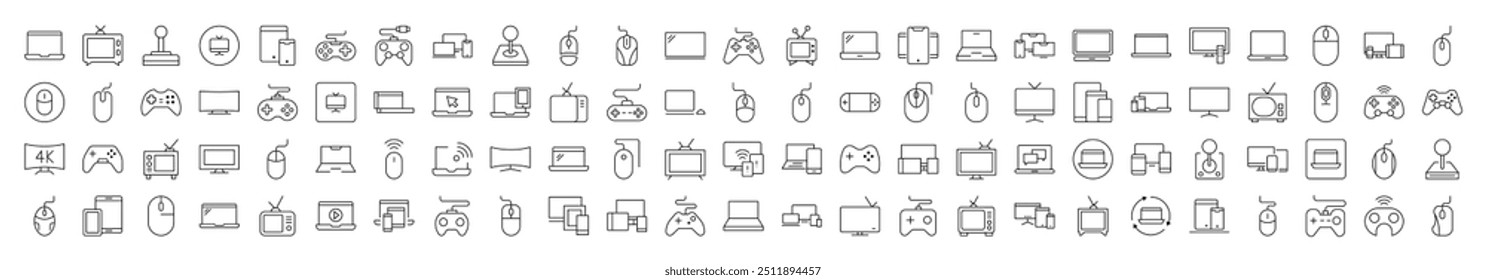 Conjunto de ícones da linha de dispositivos. Coleção moderna para design, sites, aplicativos, cartões. Contém imagens lineares do computador, mouse, joystick, TV
