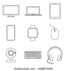 Devices line icon set. PC desktop monitor, laptop, tablet, smartphone, wearable smartwatch, wired mouse, web camera, keyboard, headphones with microphone. Vector illustration.