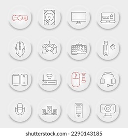 Conjunto de iconos de línea de dispositivos, colección de símbolos de tecnología, bocetos vectoriales, botones UX de interfaz de usuario neumórficos, dispositivos firma pictogramas lineales
