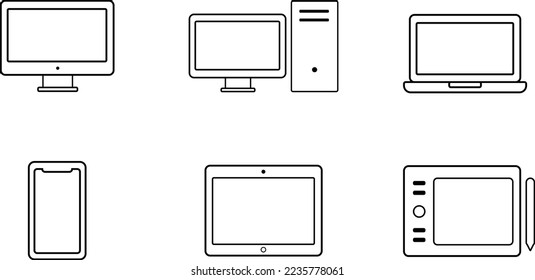 Devices line icon set. Vector Illustration of computers, laptops, mobile phones, tablets icons. Technological devices.