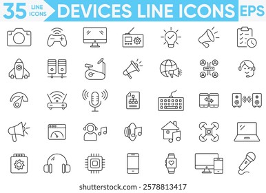 Devices Line Icon Set.Mobile, Watch, Tv, Speaker, Rocket, Console, Smart Watch and More.Electronic Devices.Vector And illustrator Set.