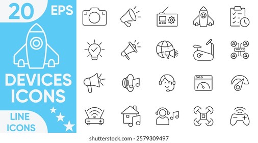 Devices Line Icon Set.Mobile, Watch, Tv, Speaker, Rocket, Console, Smart Watch and More.Electronic Devices.Vector And illustrator Set.