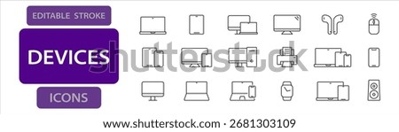 Devices line icons. Editable stroke vector set for technology and electronics interface.