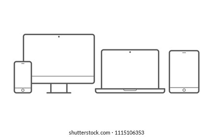 Devices line icons for responsive design. Vector set of smartphone, computer laptop or tab pad
