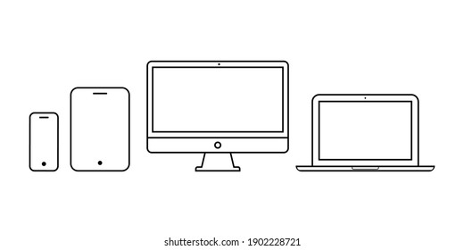 Devices line icons for responsive design. Vector set of smartphone, computer laptop or tab pad