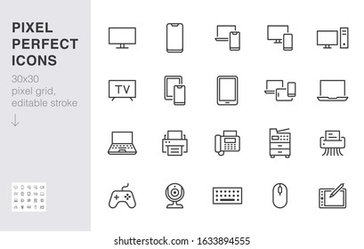 Devices line icons set. Computer, laptop, mobile phone, fax, scanner, smartphone minimal vector illustrations. Simple flat outline sign for web, technology app. 30x30 Pixel Perfect. Editable Strokes.