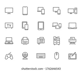 Devices line icons set. Computer, laptop, mobile phone, fax, scanner, smartphone minimal vector illustrations. Simple flat outline sign for web, technology app. Pixel Perfect. Editable Strokes.