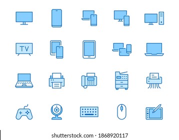 Devices line icons set. Computer, laptop, mobile phone, fax, scanner, smartphone minimal vector illustrations. Simple flat outline sign for web, technology app. Blue color, Editable Stroke.