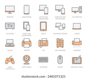 Devices line icons set. Computer, laptop, mobile phone, fax, scanner, smartphone minimal vector illustrations. Simple flat outline sign for web, technology app. Orange color. Editable Strokes