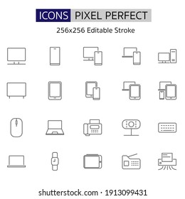 Devices line icons set. Minimal vector illustration. Simple flat sign for web, technology app. Pixel Perfect. Editable Strokes.