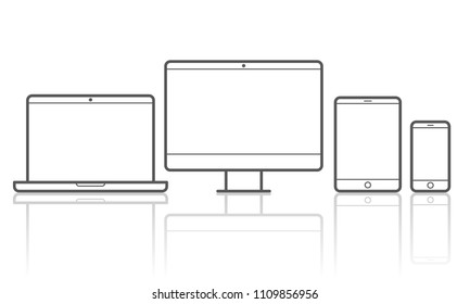 Devices line icons vector set for responsive design of smartphone, computer laptop or tab pad