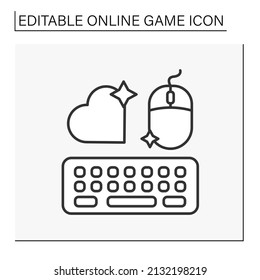 Icono de línea de dispositivos.Equipo técnico para jugar juegos. Ratón de ordenador y teclado. Ciberdeporte. Concepto de juego en línea. Ilustración vectorial aislada.Icono editable