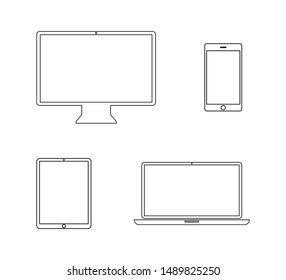 Devices linear icon isolated on white background. Phone social network concept. Flat design, vector. Laptop, tablet computer smartphone device. Business website concept. Digital vector illustration. E