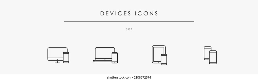 Conjunto de iconos lineales de dispositivos. Equipo vectorial de computadora, laptop y smartphone con trazo editable. Bordes finos. Elemento de diseño para interfaz de usuario y web.