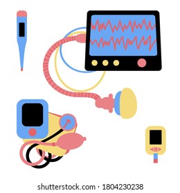 Dispositivos en medicina. Un conjunto de objetos para examen, tratamiento o diagnóstico médicos. Vector. Estilo plano.