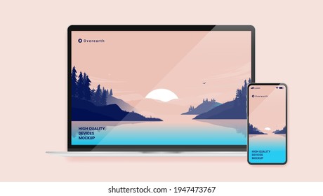 Devices Mockup With Laptop And Smartphone - Computer And Phone With Placeholder Wallpaper Of Nature And Fictional Text And Brand. Vector Illustration.