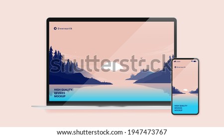 Devices mockup with laptop and smartphone - Computer and phone with placeholder wallpaper of nature and fictional text and brand. Vector illustration.