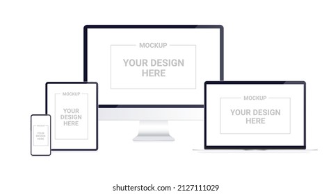 Los dispositivos se burlan del fondo blanco - Conjunto vectorial realista de computadoras, laptops, escritorio, tablet y smartphone con pantallas en blanco.