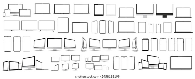 Devices mockup set, computer monitor, laptop, smartphone, tablet, collection devices with empty white display