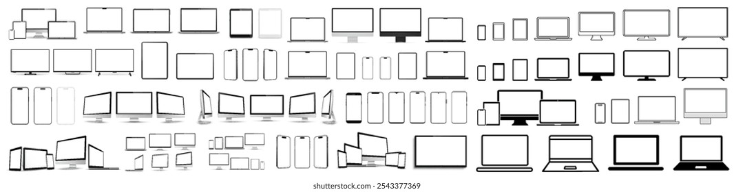 Geräte-Mockup-Set, Computer-Monitor, Laptop, Smartphone, Tablet, Sammelgeräte mit leerem weißen Display, realistische 3D und Icons Stil