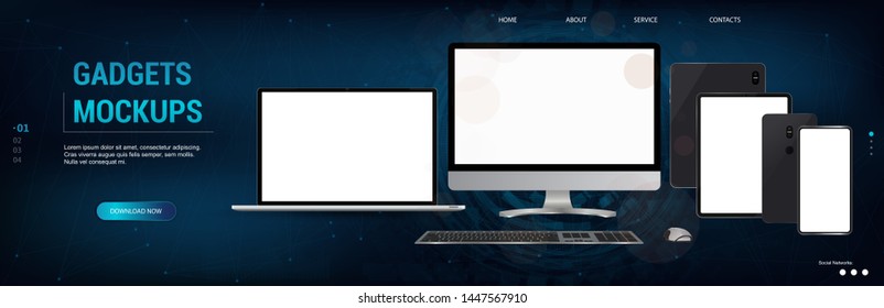 Devices Mockups set of realistic style.  3D laptop, PC, , tablet and Smartphone. 3D vector gadets set and web page background. Devices Mockups set