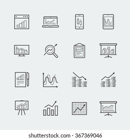 Devices and objects with charts and graphs icon set in thin line style