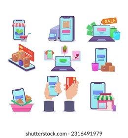 Geräte mit Online-Shopping-Apps, Vektorgrafiken-Set. Kollektion von Zeichnungen von Mobiltelefonen, Laptop mit Internet-Shop auf Bildschirm, Hand mit Kreditkarte. Online-Shopping, Technologiekonzept
