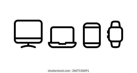 Devices outline icon set. desktop computer, laptop, smartphone, and smartwatch. Vector illustration isolated on transparent background. editable stroke - Powered by Shutterstock - Get 15% off with code: PIKWIZARD15