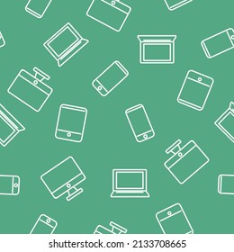 Devices pattern. Vector green seamless pattern background with cellphones, tablet, laptop and computer