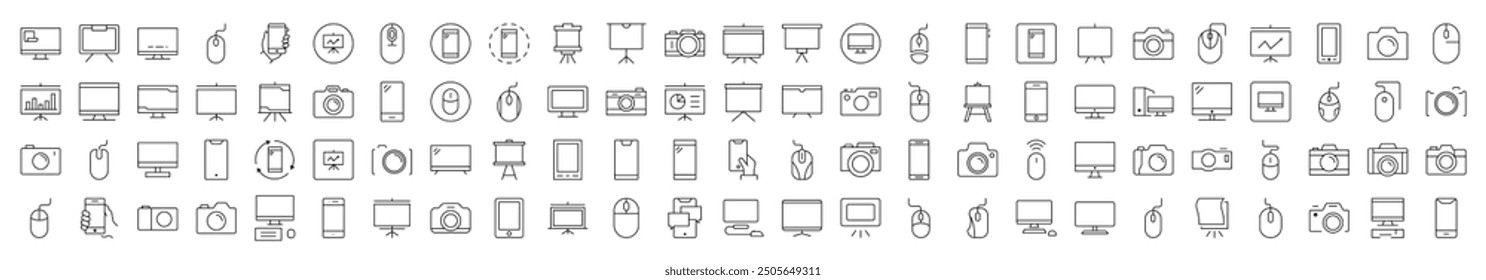 Geräte Telefon, Fotokamera, Computermaus und PC Thin Line Icon Set. Bearbeitbarer Strich. Geeignet für Banner, Karten, soziale Netzwerke, Apps
