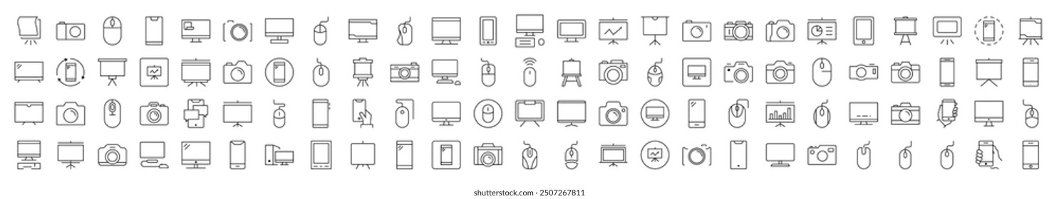 Devices, Phone, Photo Camera, Computer Mouse and PC Outline Style Icons for Design, Cards, Apps, Social Networks