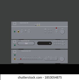 Devices for quality sound. CD-player, amplifier, receiver, equalizer. Vector image for illustrations.