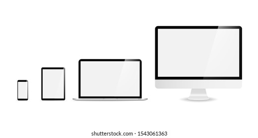 Devices in realistic trendy design on white background. Set of computer laptop tablet and smartphone with empty screens. Mock up. Blank screen isolated. EPS 10