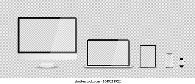 Devices in realistic trendy design on transparent background. Set of computer laptop tablet smartphone and watch with empty screens. Mock up. Blank screen isolated. ESP 10