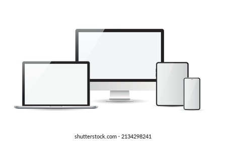Devices in realistic trendy design on transparent background. Set of computer laptop tablet and smartphone with empty screens. Mock up.