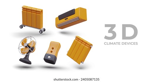 Dispositivos para regular la temperatura del aire. Equipo de control del clima para el hogar y la oficina. Aire acondicionado, radiador de calefacción sobre ruedas, ventilador, ionizador, batería de pared. Conjunto de ilustraciones 3D aisladas