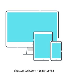 Devices related color line vector icon, illustration. The icon is about desktop, all in one, computer, mobile phone, tablet, side by side, together. The composition is infinitely scalable.