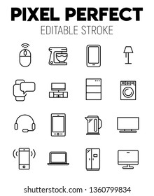 Devices related vector icon set. Well-crafted sign in thin line style with editable stroke. Vector symbols isolated on a white background. Pixel perfect. Editable stroke.