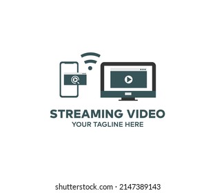 Devices responsive on workspace streaming online logo design. Connected to television movie vector design and illustration.