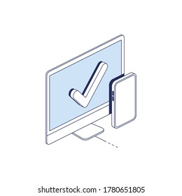 Devices screen checkmark. Vector 3d line isometric, color web icons set, new flat style. Creative illustration, idea for infographics.