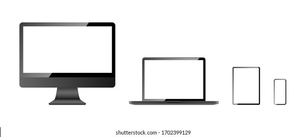 Devices screen mockup collection. Computer screen, laptop, tablet and mobile phone, isolated on white background. Devices with blank screen in realistic design. Vector illustration.